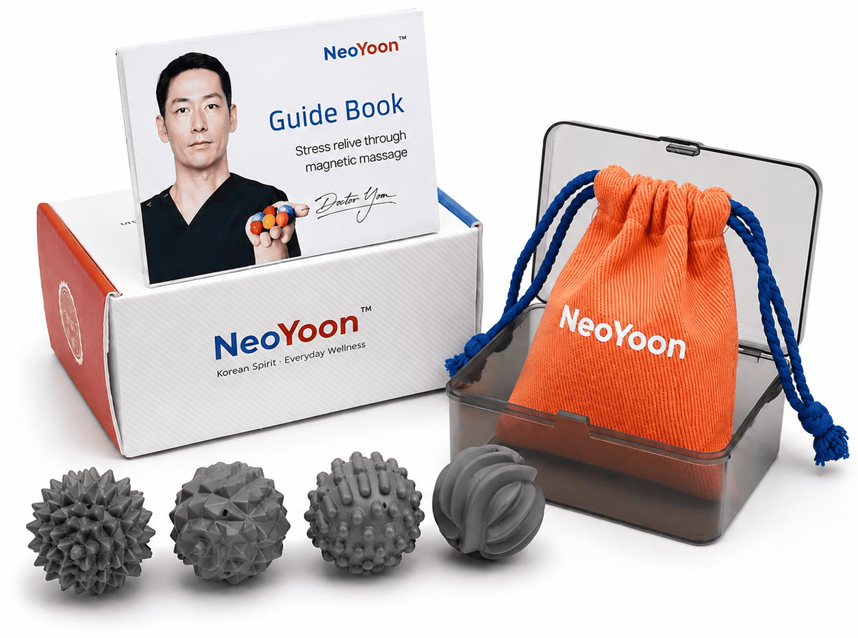 NeoYoon complete product set with four textured magnetic balls, pouch, storage case, box and guide book